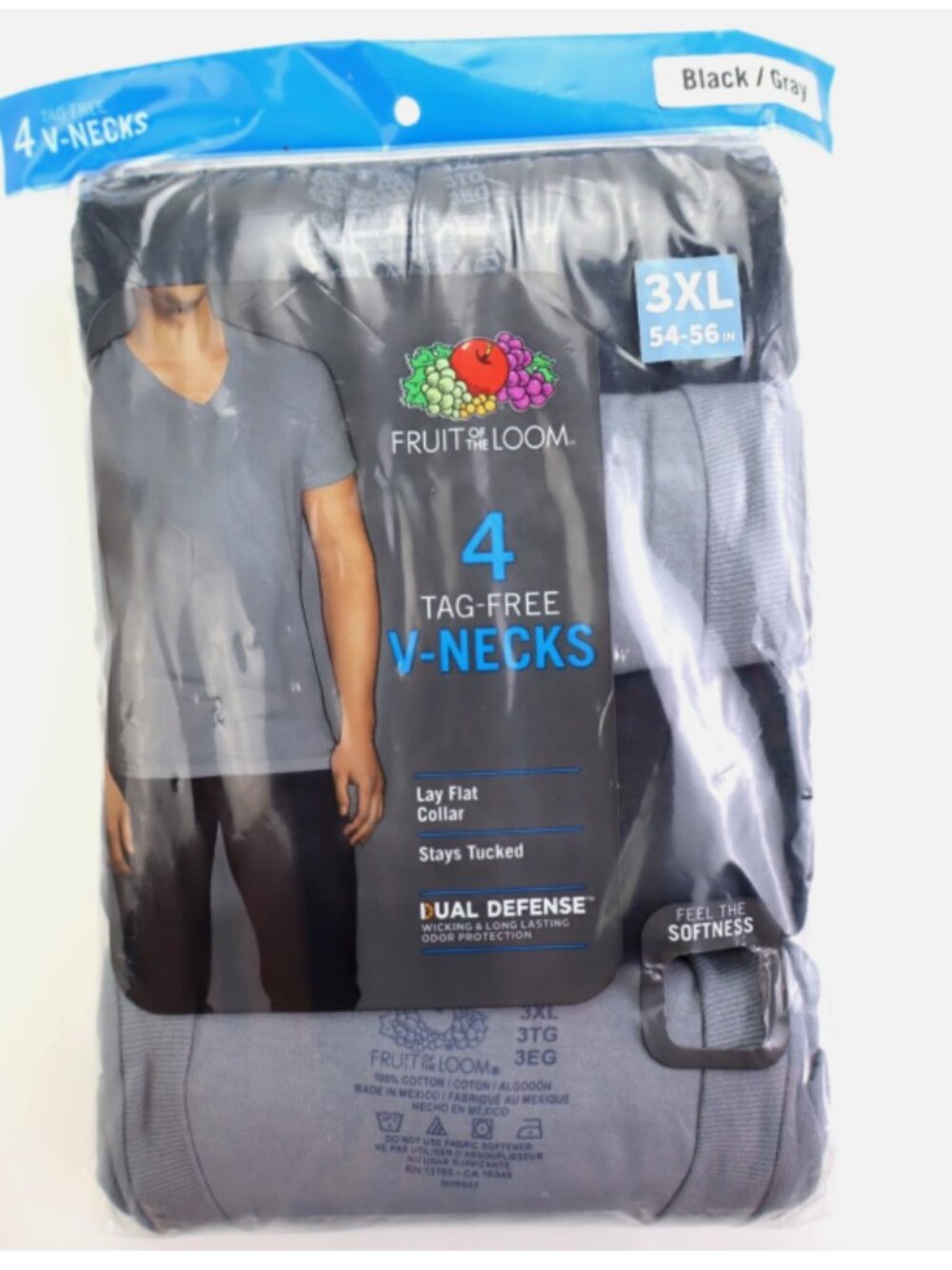 Fruit of the Loom Men's 4 Tag Free V-Necks Tees T-Shirts Cotton 3XL Black/Gray